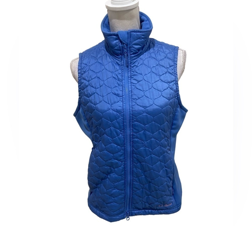 LLBean quilted blue zip up vest dual direction zipper & zippered pockets medium